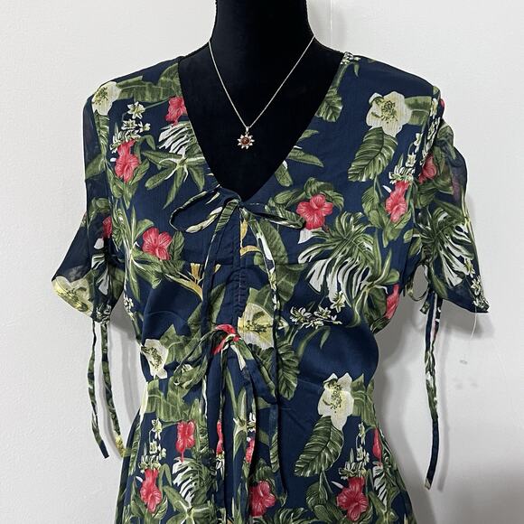 Md’M Tropical Dress Hawaii Hibiscus Short Chiffon Blue Medium Sz 10 resort - Picture 2 of 11